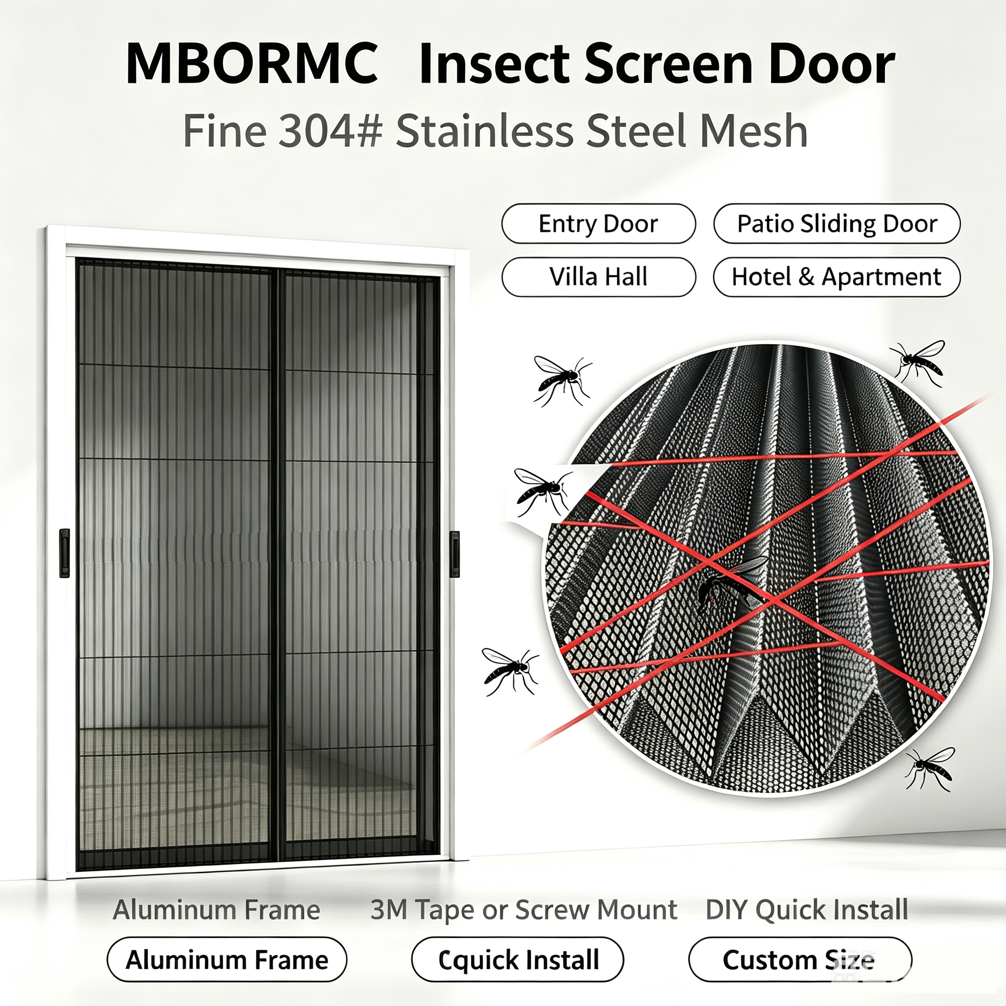 MBORMC Folding Screen Door — White Aluminum Alloy Frame & 304# Stainless Steel Mesh